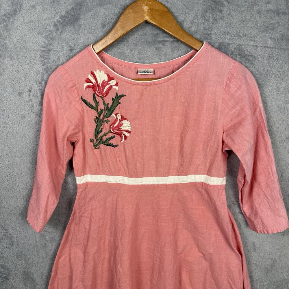 Vtg Linen‎ Women’s Dress Pink Floral Embroidered Cottagecore S Feminine Retro - Picture 2 of 9